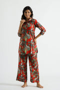 Dark Red Jungle Collared Cotton Lounge Co-Ord Set with 3 button | Co-Ord Set | Shop stylish women's clothing online at Label Flavia |
