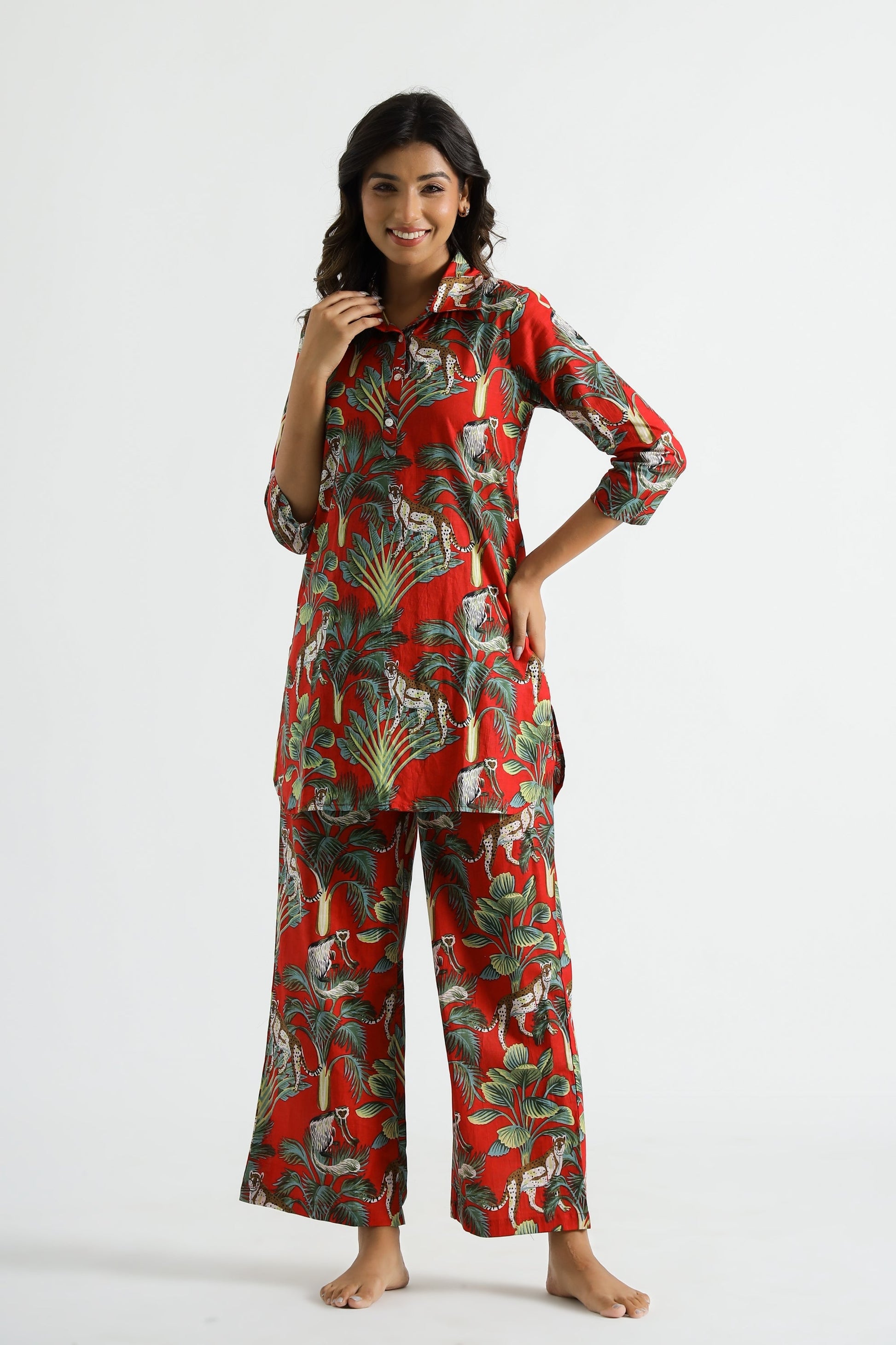 Dark Red Jungle Collared Cotton Lounge Co-Ord Set with 3 button | Co-Ord Set | Shop stylish women's clothing online at Label Flavia |
