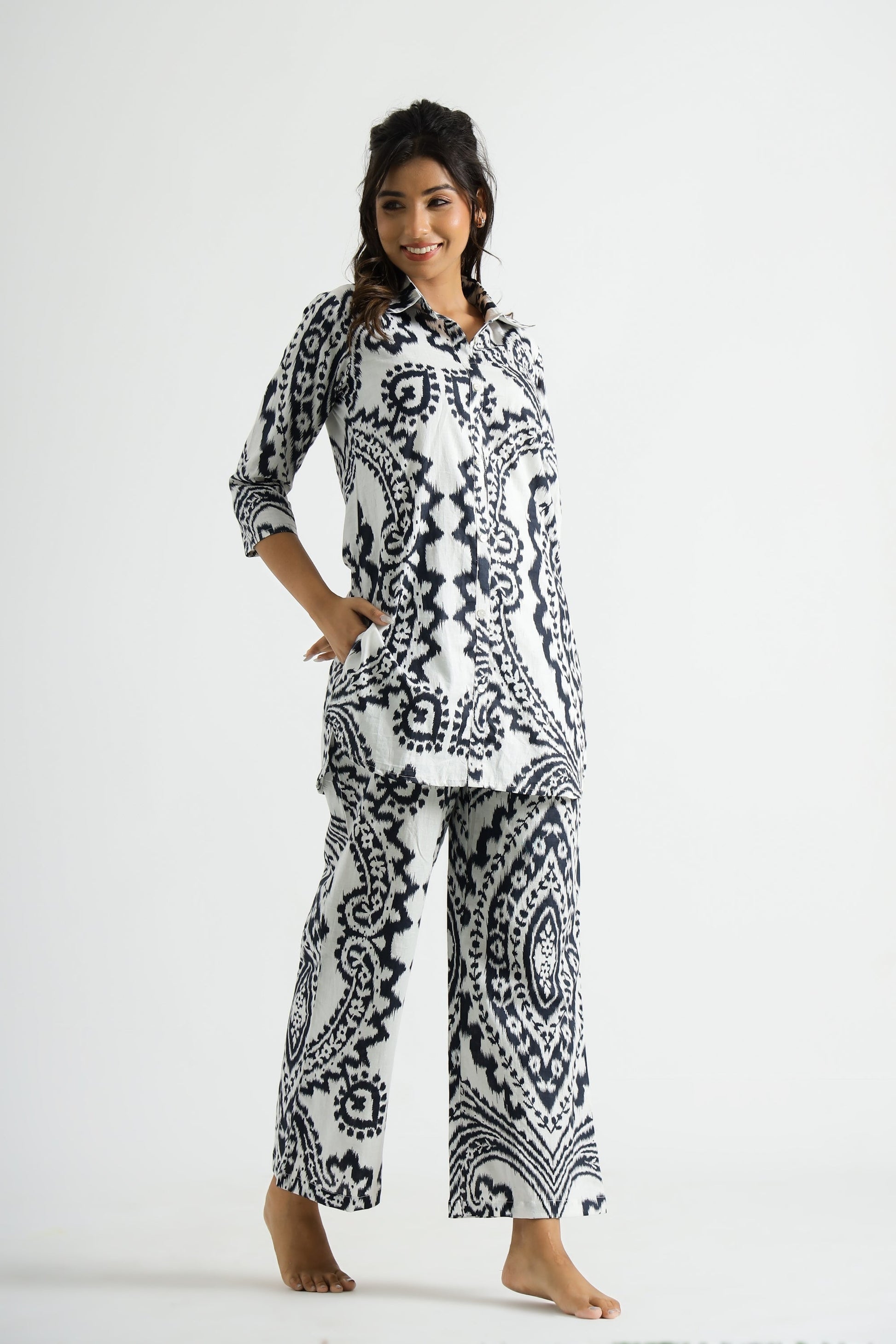 Black & White Ehtnic Motif Collared Cotton Lounge Co-Ord Set with 7 button | Co-Ord Set | Shop stylish women's clothing online at Label Flavia |