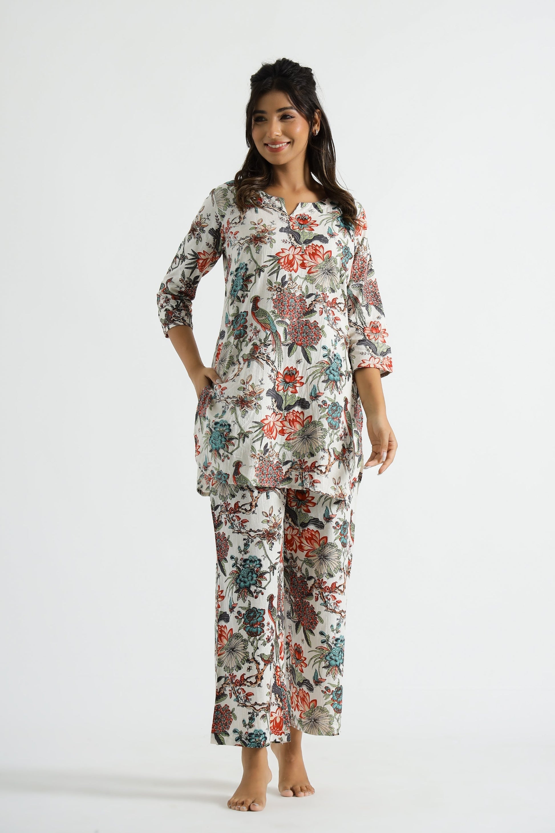 White Multi color Jungle Organic Printed Pure Cotton Loungewear Set | | Shop stylish women's clothing online at Label Flavia |