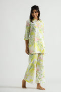 Lime Flamingo Collared Cotton Lounge Co-Ord Set with 3 button | Co-Ord Set | Shop stylish women's clothing online at Label Flavia |