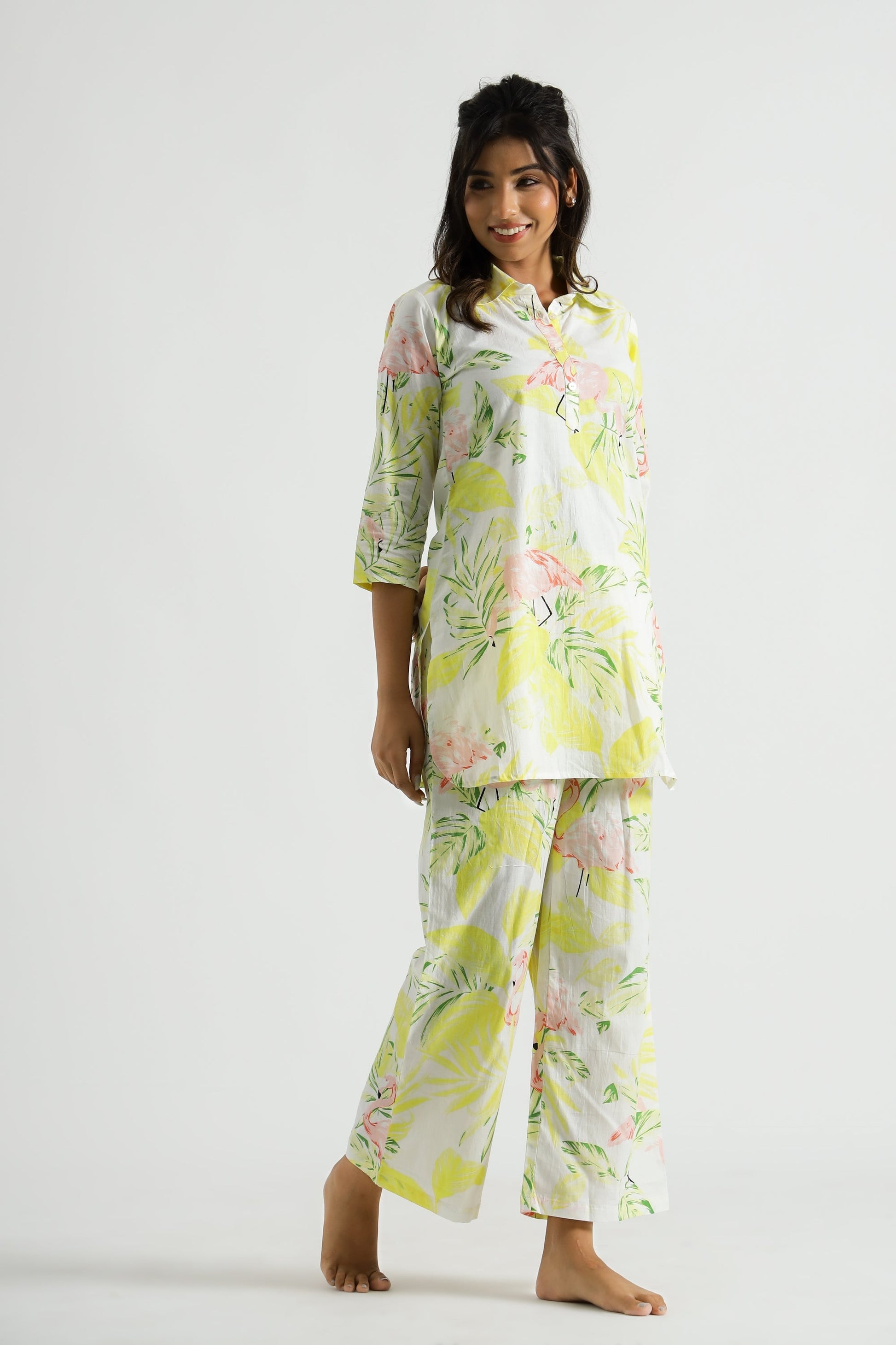 Lime Flamingo Collared Cotton Lounge Co-Ord Set with 3 button | Co-Ord Set | Shop stylish women's clothing online at Label Flavia |
