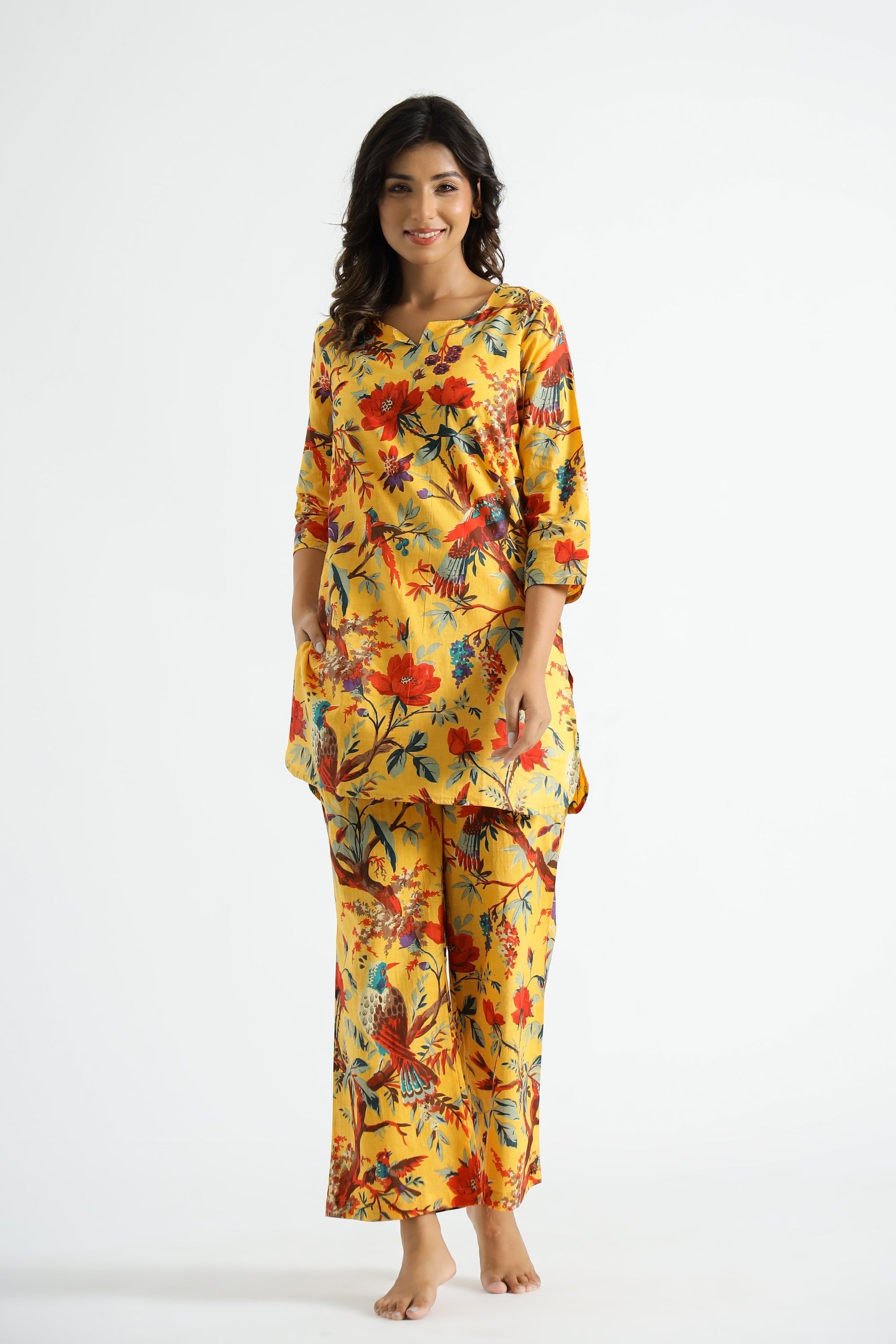 Yellow Bird Print Cotton Co-ord Set - Top & Trousers | Co-Ord Set | Shop stylish women's clothing online at Label Flavia |