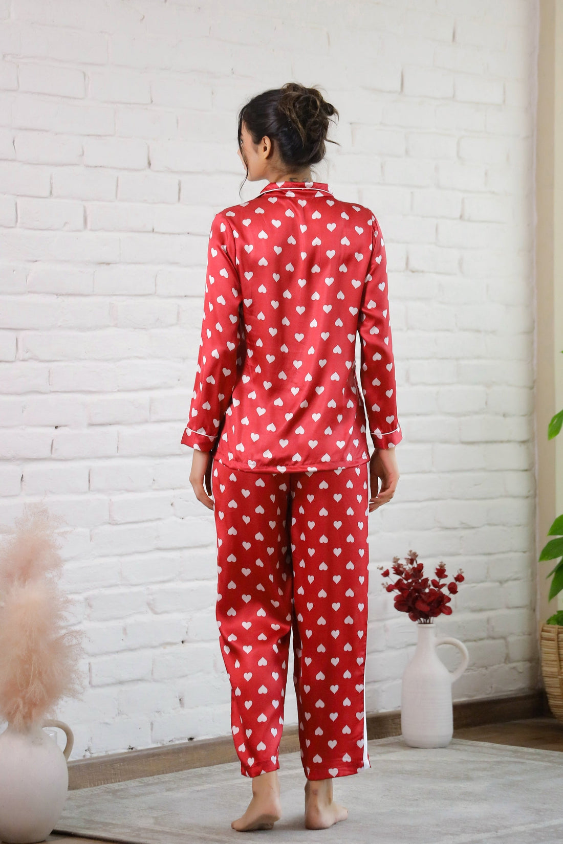 Red Heart Print Satin Pajama Set for Women - Adorable & Cozy Nightwear | Co-Ord Set | Shop stylish women's clothing online at Label Flavia |