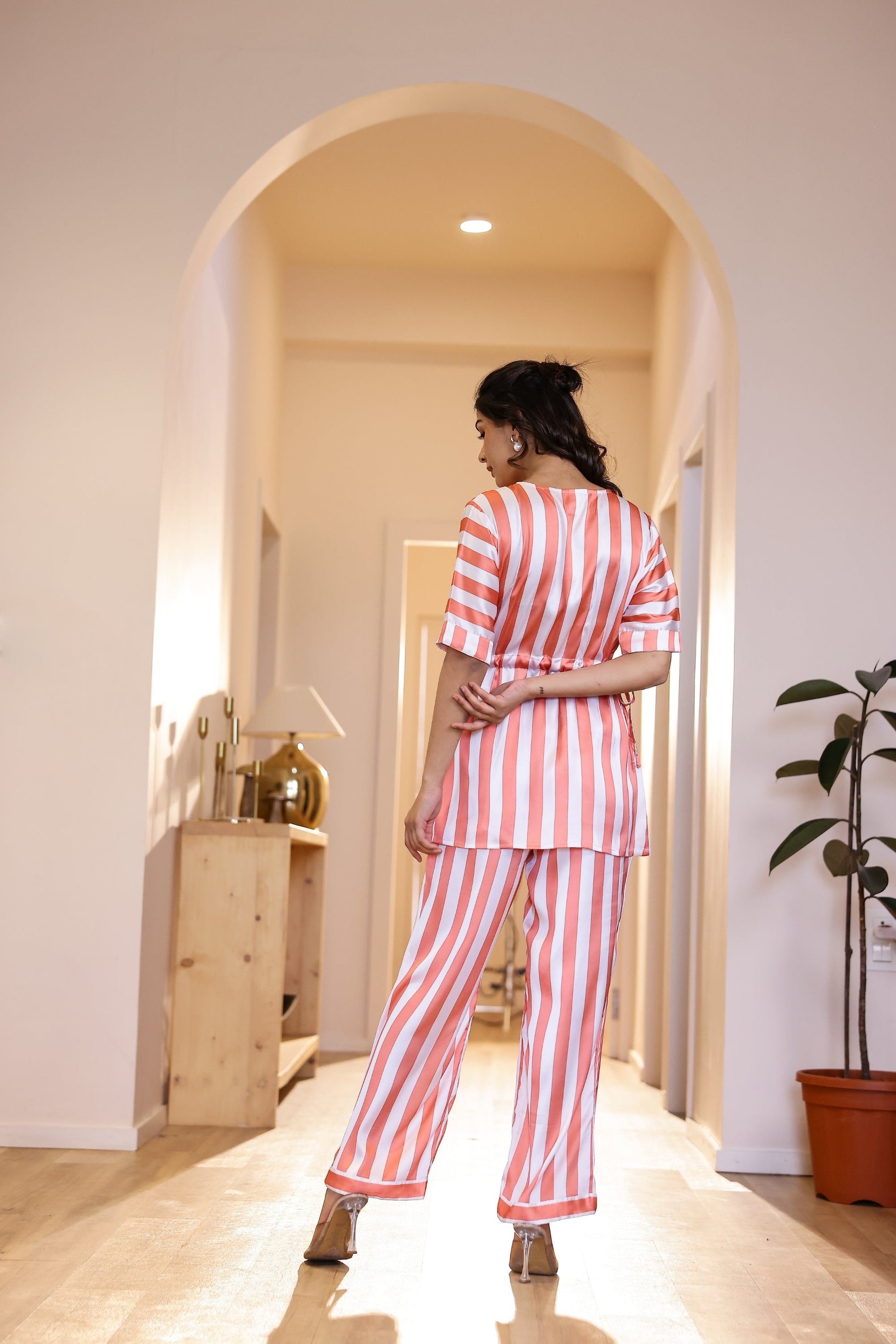 Coral Stripe Satin Pajama Set - Modern & Stylish Nightwear | Co-Ord Set | Shop stylish women's clothing online at Label Flavia |