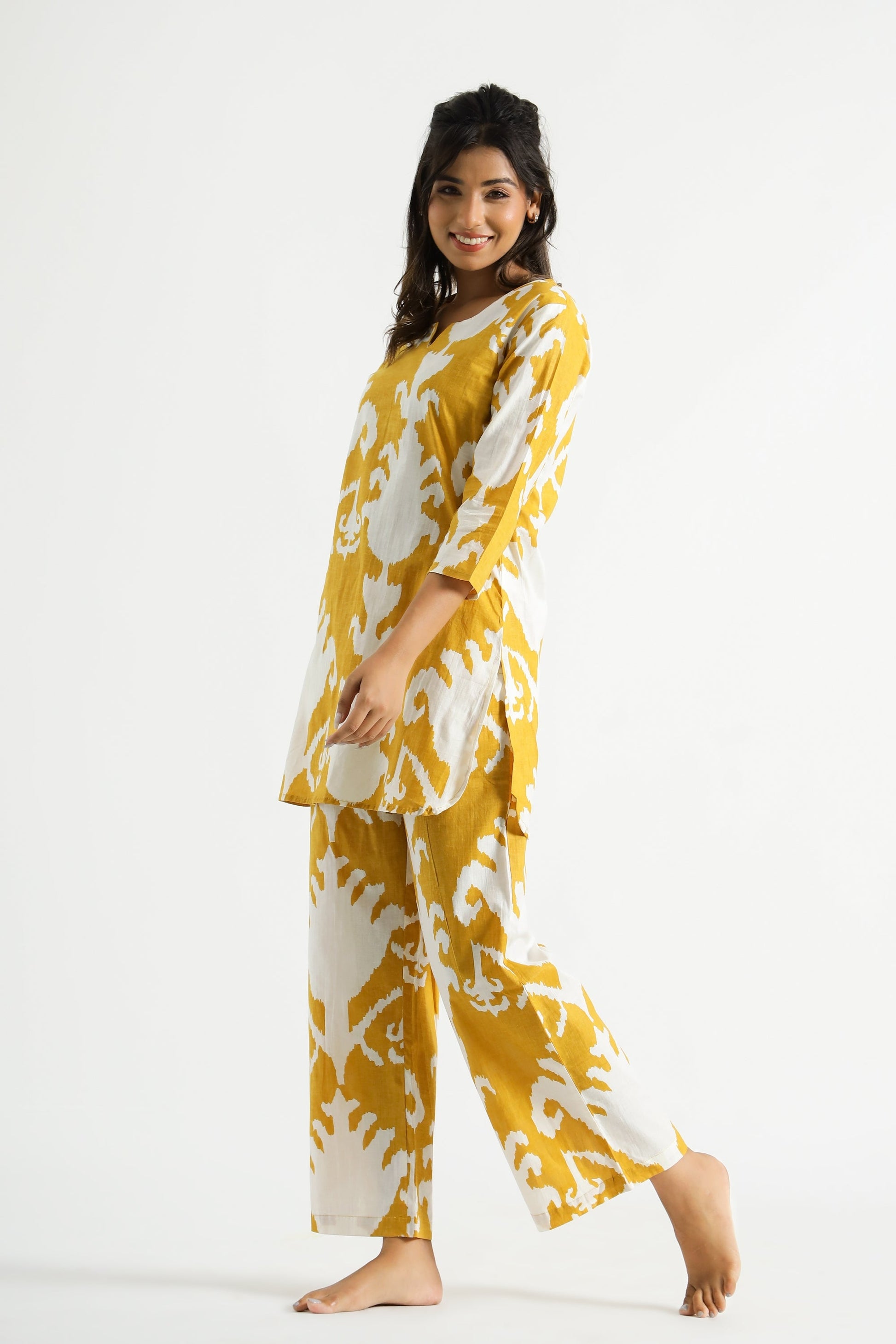 Yellow Motif Organic Printed Pure Cotton Loungewear Set | | Shop stylish women's clothing online at Label Flavia |