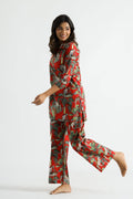 Dark Red Jungle Collared Cotton Lounge Co-Ord Set with 3 button | Co-Ord Set | Shop stylish women's clothing online at Label Flavia |