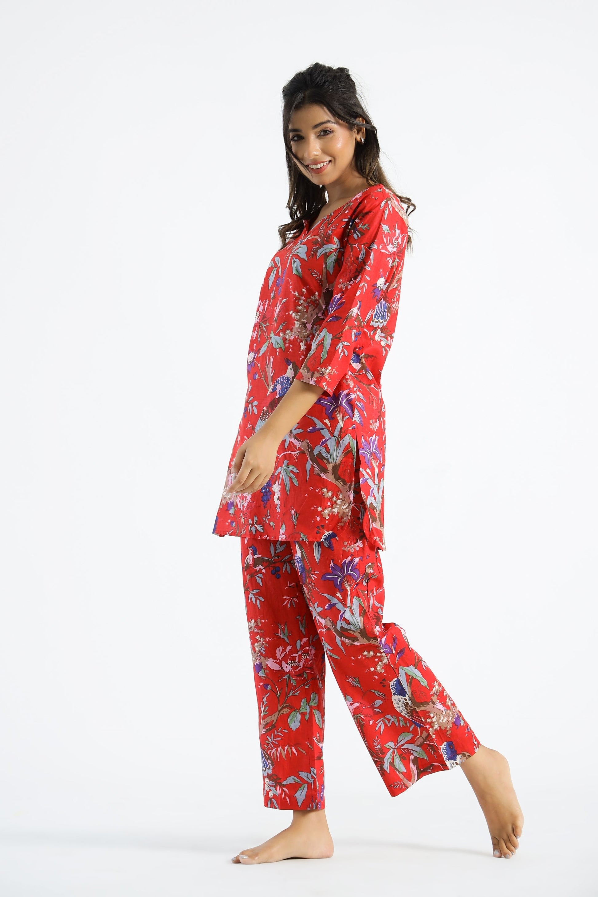 Red Chirping Birds Organic Printed Pure Cotton Loungewear Set | | Shop stylish women's clothing online at Label Flavia |