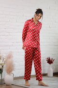 Red Heart Print Satin Pajama Set for Women - Adorable & Cozy Nightwear | Co-Ord Set | Shop stylish women's clothing online at Label Flavia |