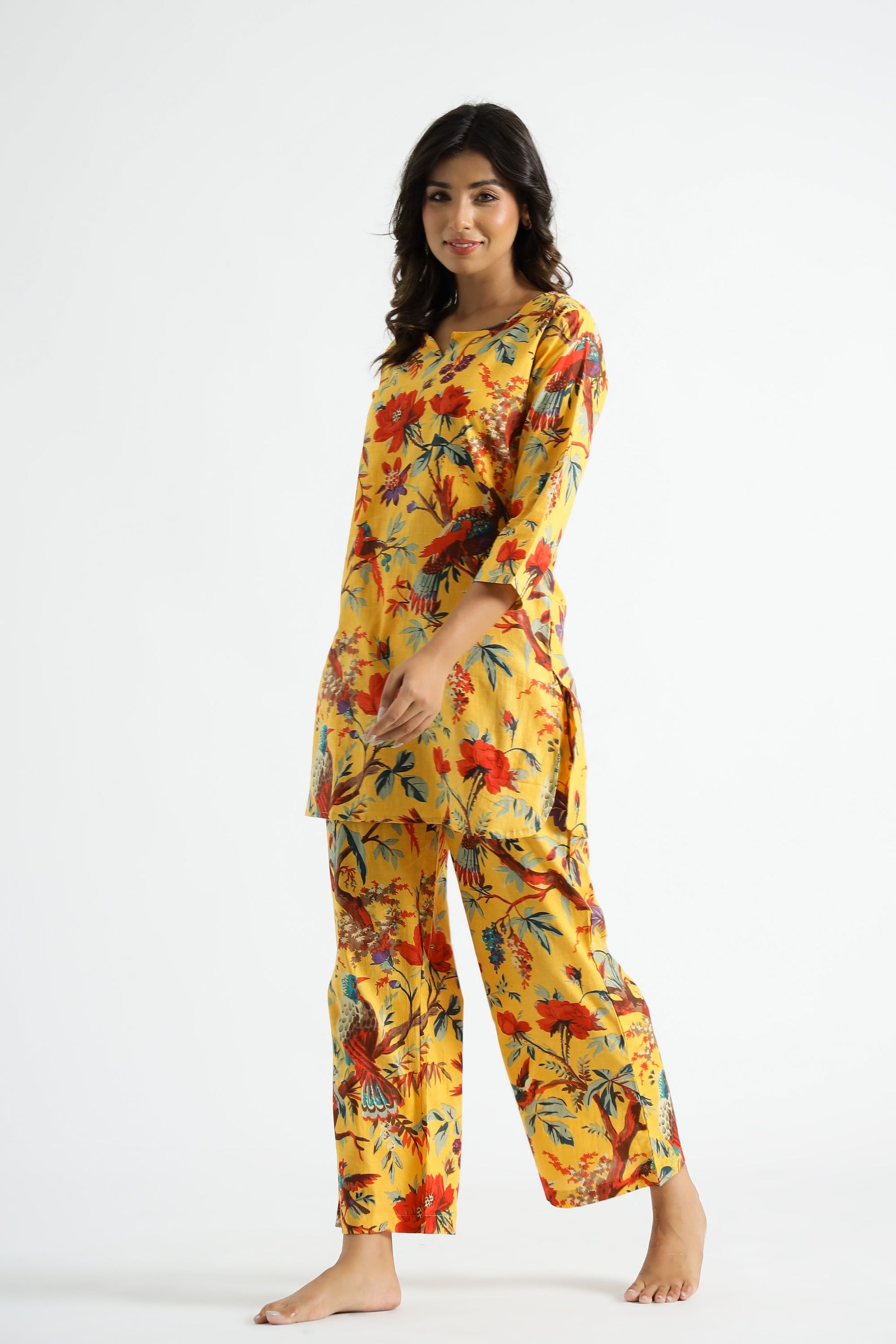 Yellow Bird Print Cotton Co-ord Set - Top & Trousers | Co-Ord Set | Shop stylish women's clothing online at Label Flavia |