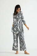 Black & White Ehtnic Motif Collared Cotton Lounge Co-Ord Set with 7 button | Co-Ord Set | Shop stylish women's clothing online at Label Flavia |
