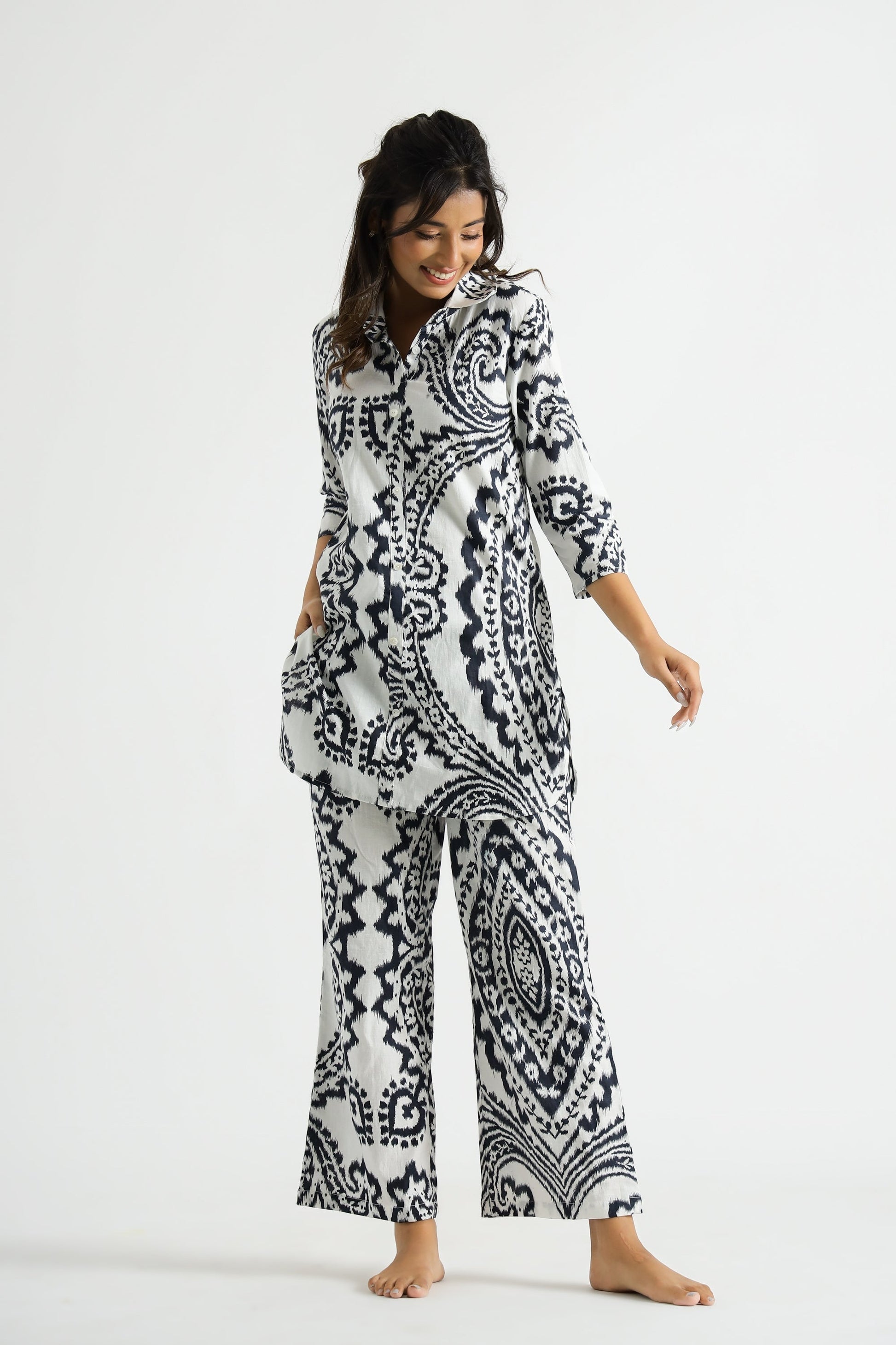 Black & White Ehtnic Motif Collared Cotton Lounge Co-Ord Set with 7 button | Co-Ord Set | Shop stylish women's clothing online at Label Flavia |