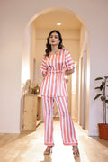 Coral Stripe Satin Pajama Set - Modern & Stylish Nightwear | Co-Ord Set | Shop stylish women's clothing online at Label Flavia |