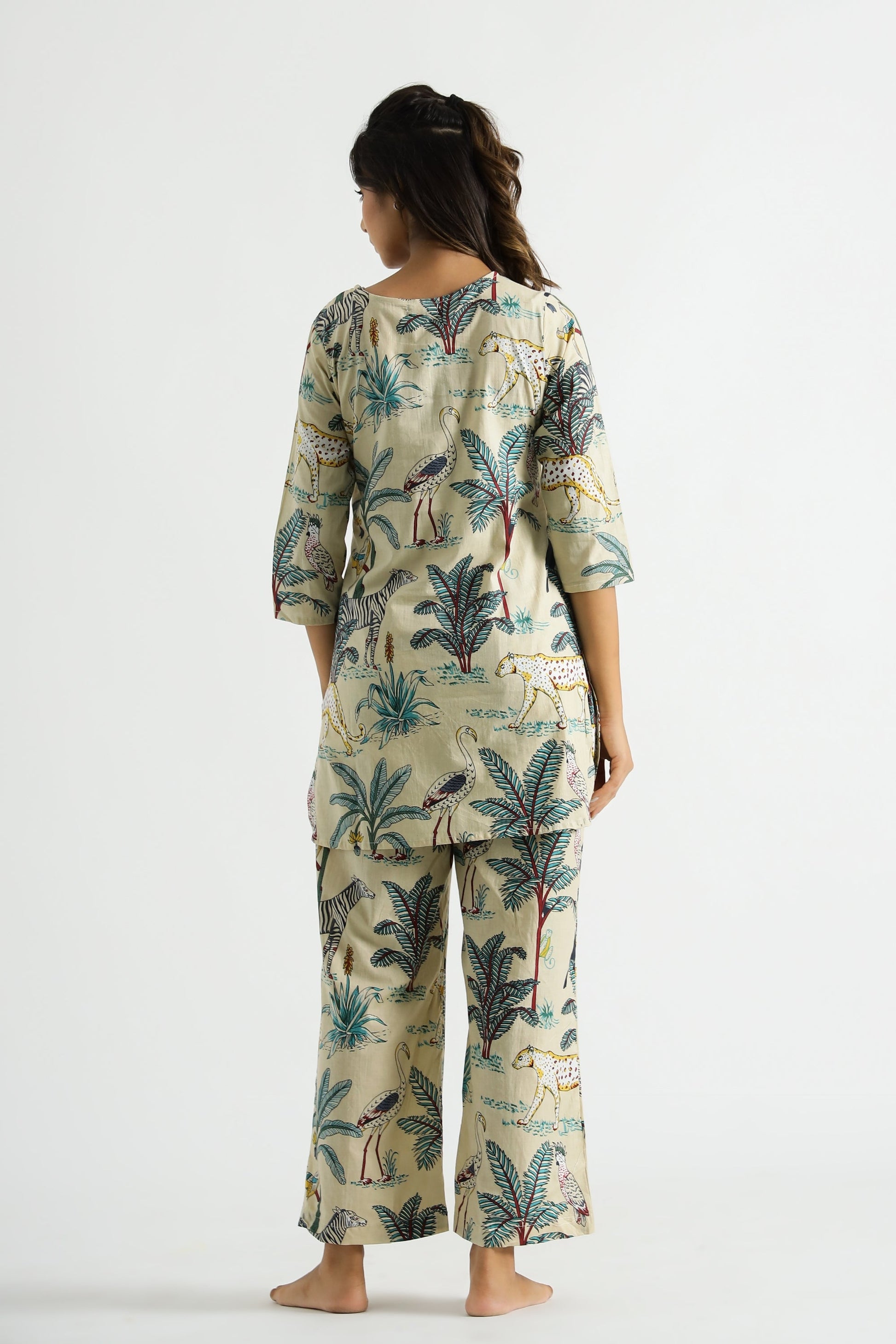 Beige Jungle Organic Printed Pure Cotton Loungewear Set | Co-Ord Set | Shop stylish women's clothing online at Label Flavia |