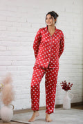Red Heart Print Satin Pajama Set for Women - Adorable & Cozy Nightwear | Co-Ord Set | Shop stylish women's clothing online at Label Flavia |