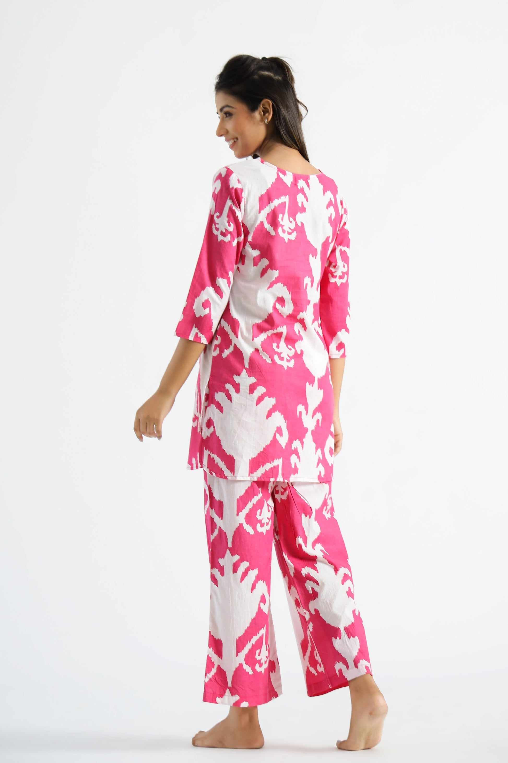 Pink Motif Organic Printed Pure Cotton Loungewear Set | Co-Ord Set | Shop stylish women's clothing online at Label Flavia |
