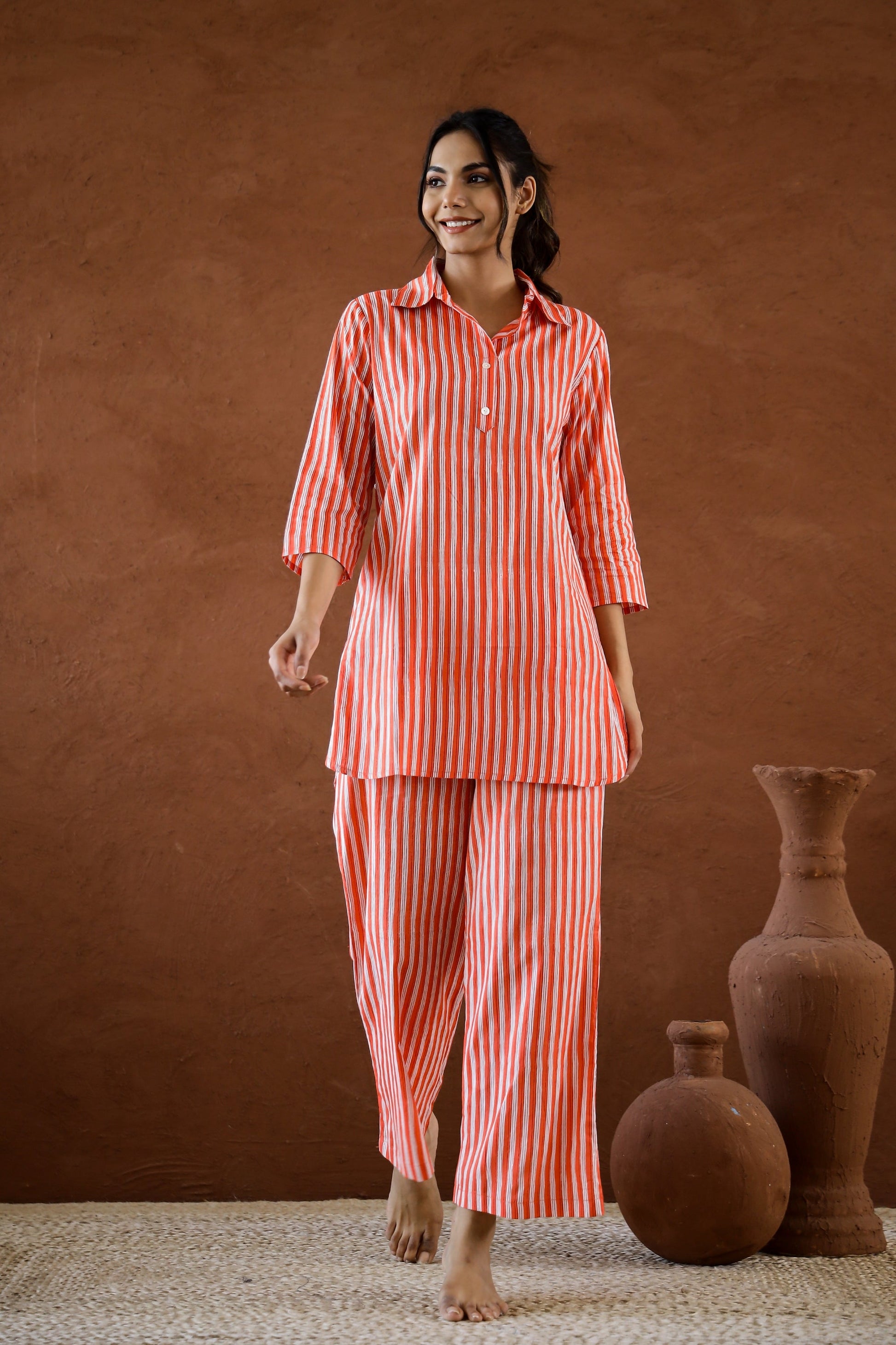 Orange Stripes Cotton Coord Set | Co-Ord Set | Shop stylish women's clothing online at Label Flavia |