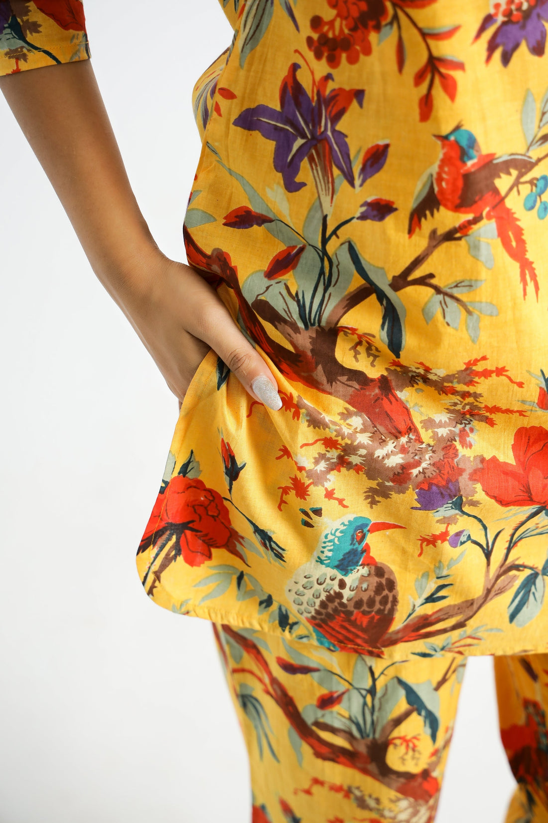 Yellow Bird Print Cotton Co-ord Set - Top & Trousers | Co-Ord Set | Shop stylish women's clothing online at Label Flavia |