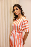Coral Stripe Satin Pajama Set - Modern & Stylish Nightwear | Co-Ord Set | Shop stylish women's clothing online at Label Flavia |