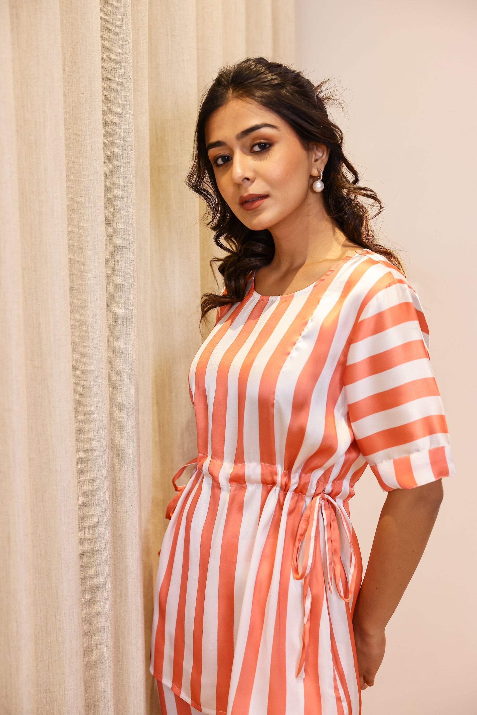 Coral Stripe Satin Pajama Set - Modern & Stylish Nightwear | Co-Ord Set | Shop stylish women's clothing online at Label Flavia |