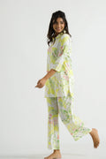 Lime Flamingo Collared Cotton Lounge Co-Ord Set with 3 button | Co-Ord Set | Shop stylish women's clothing online at Label Flavia |
