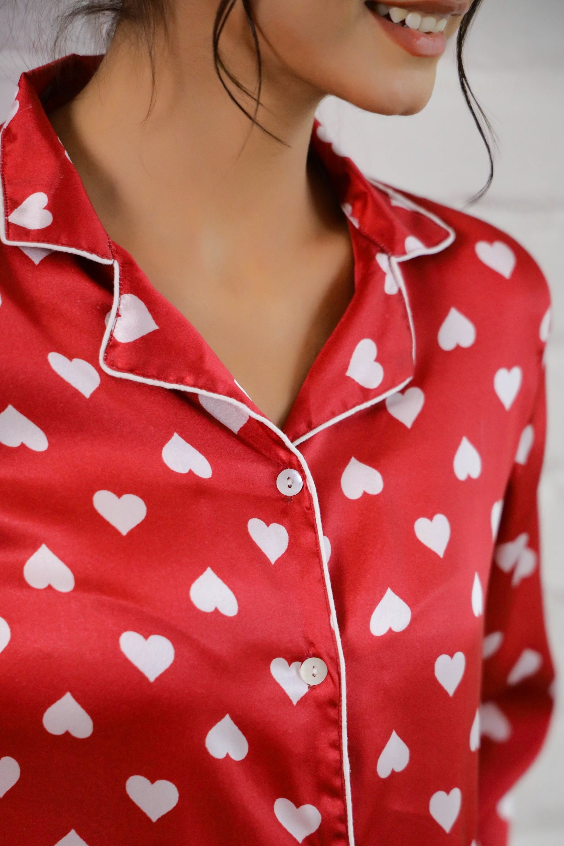 Red Heart Print Satin Pajama Set for Women - Adorable & Cozy Nightwear | Co-Ord Set | Shop stylish women's clothing online at Label Flavia |