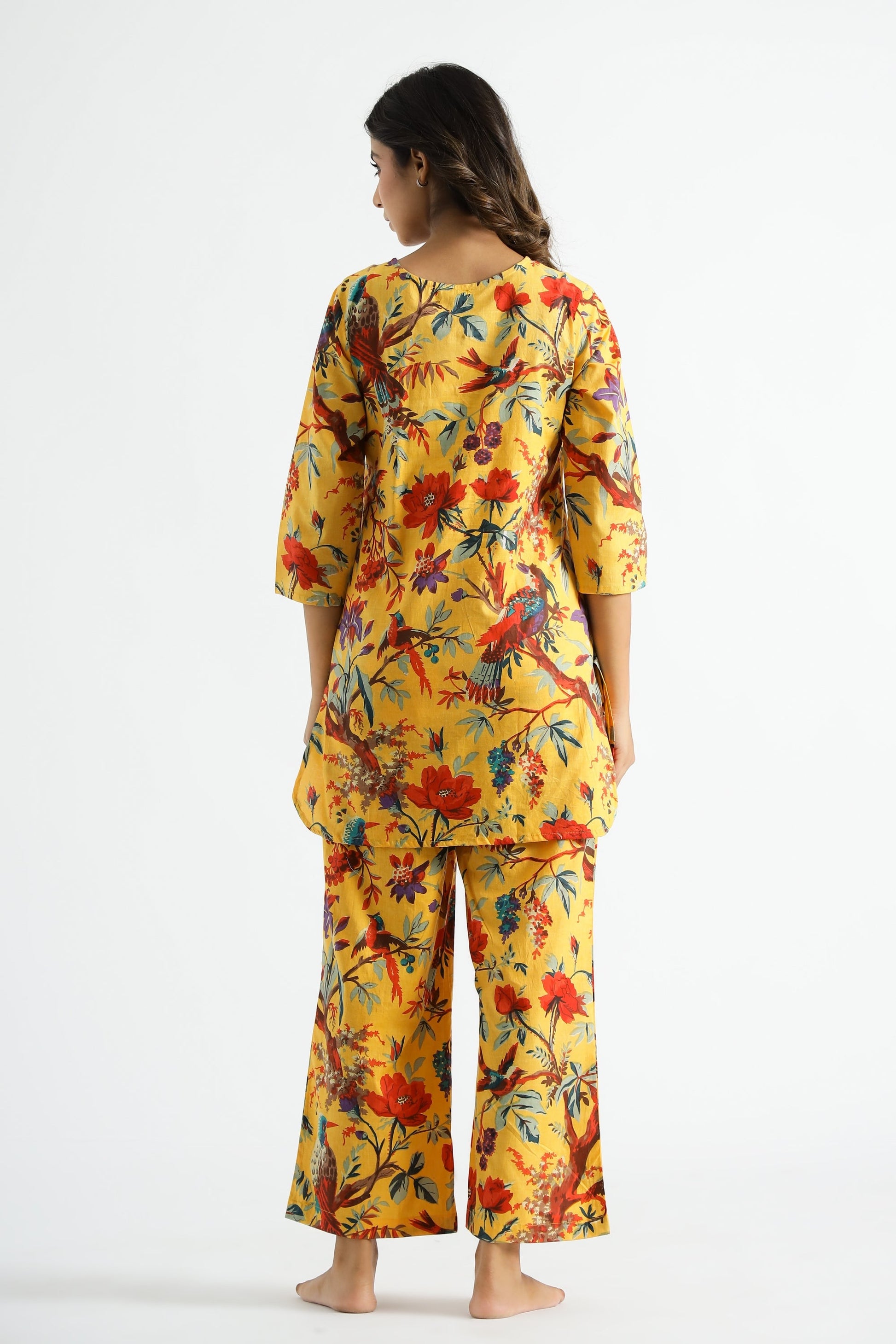 Yellow Bird Print Cotton Co-ord Set - Top & Trousers | Co-Ord Set | Shop stylish women's clothing online at Label Flavia |