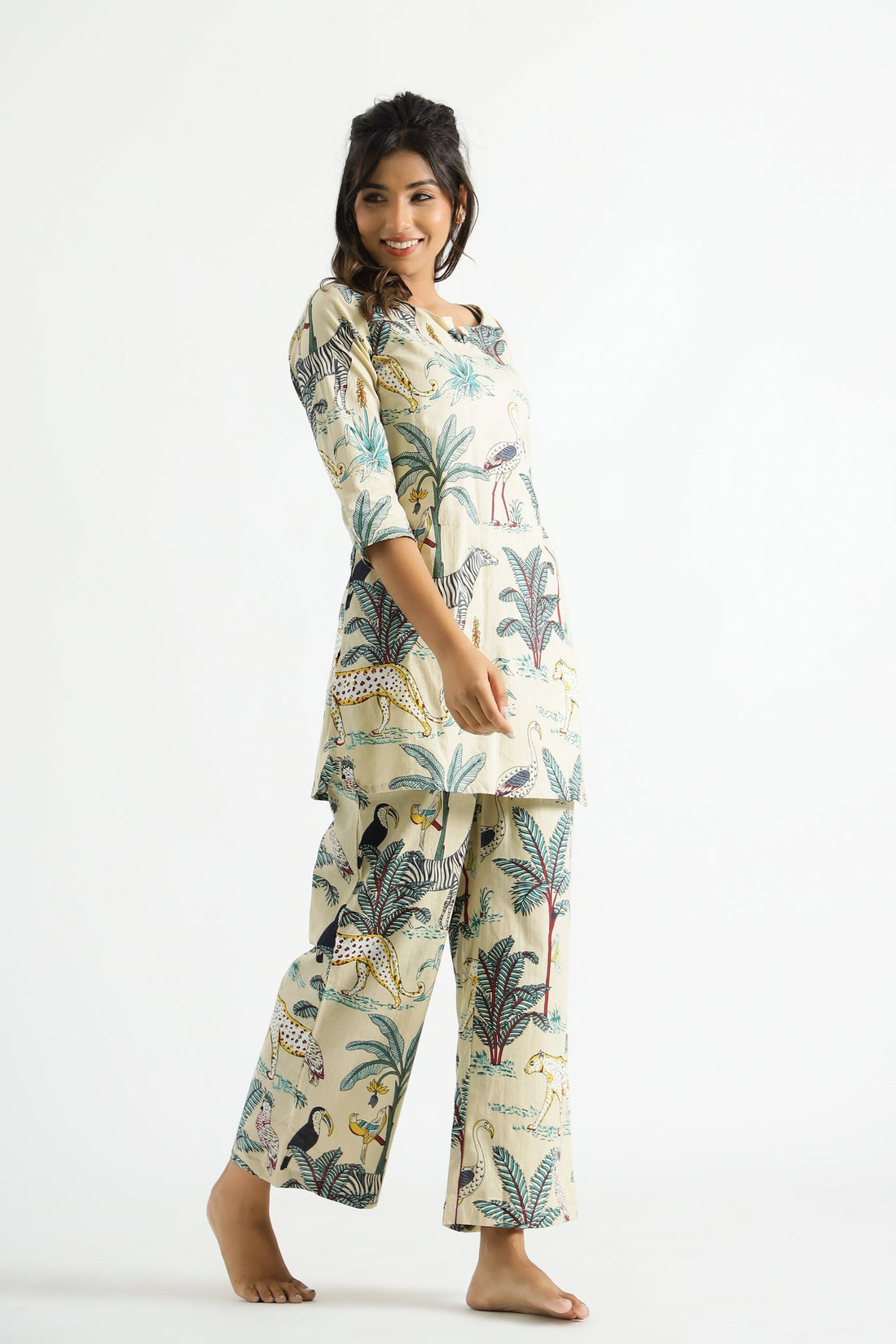 Beige Jungle Organic Printed Pure Cotton Loungewear Set | Co-Ord Set | Shop stylish women's clothing online at Label Flavia |