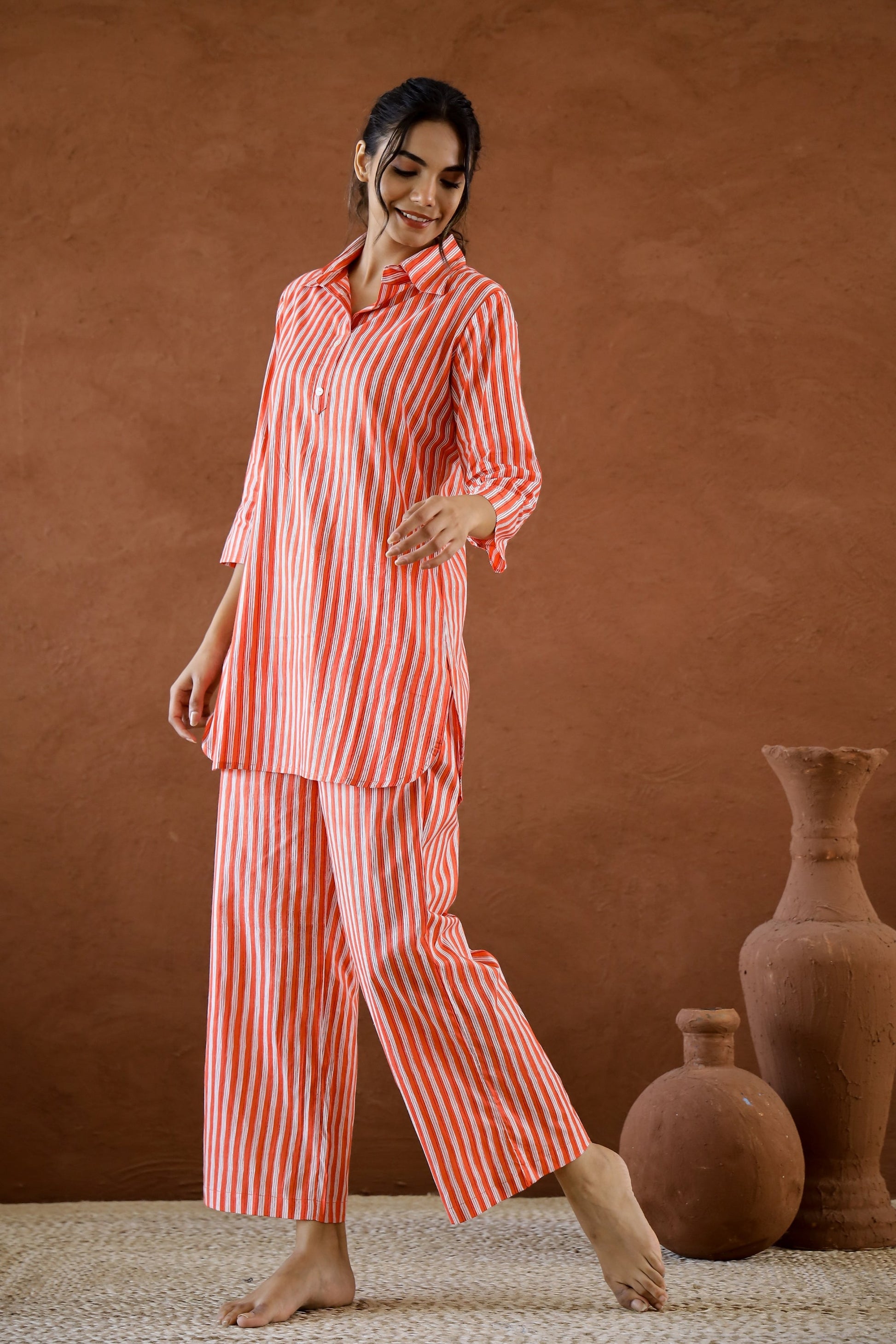 Orange Stripes Cotton Coord Set | Co-Ord Set | Shop stylish women's clothing online at Label Flavia |