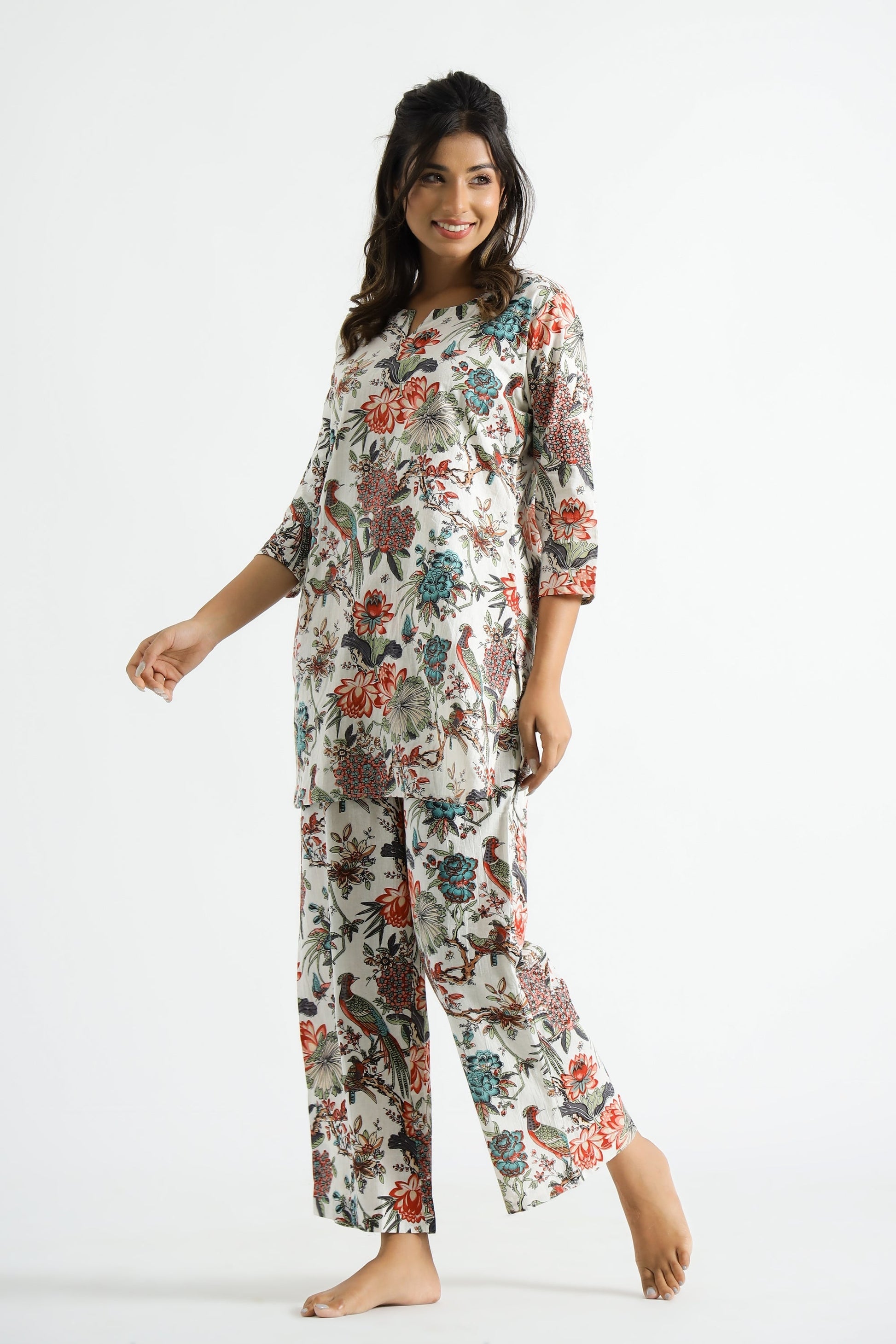 White Multi color Jungle Organic Printed Pure Cotton Loungewear Set | | Shop stylish women's clothing online at Label Flavia |