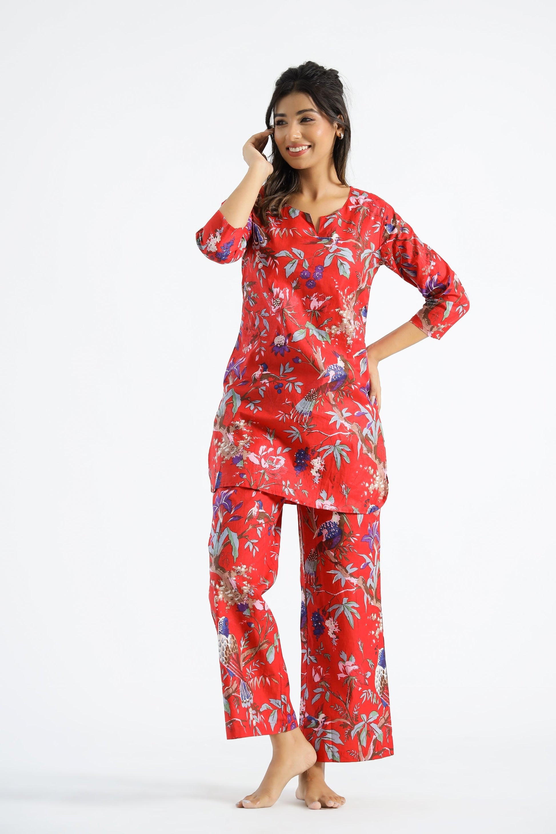 Red Chirping Birds Organic Printed Pure Cotton Loungewear Set | | Shop stylish women's clothing online at Label Flavia |