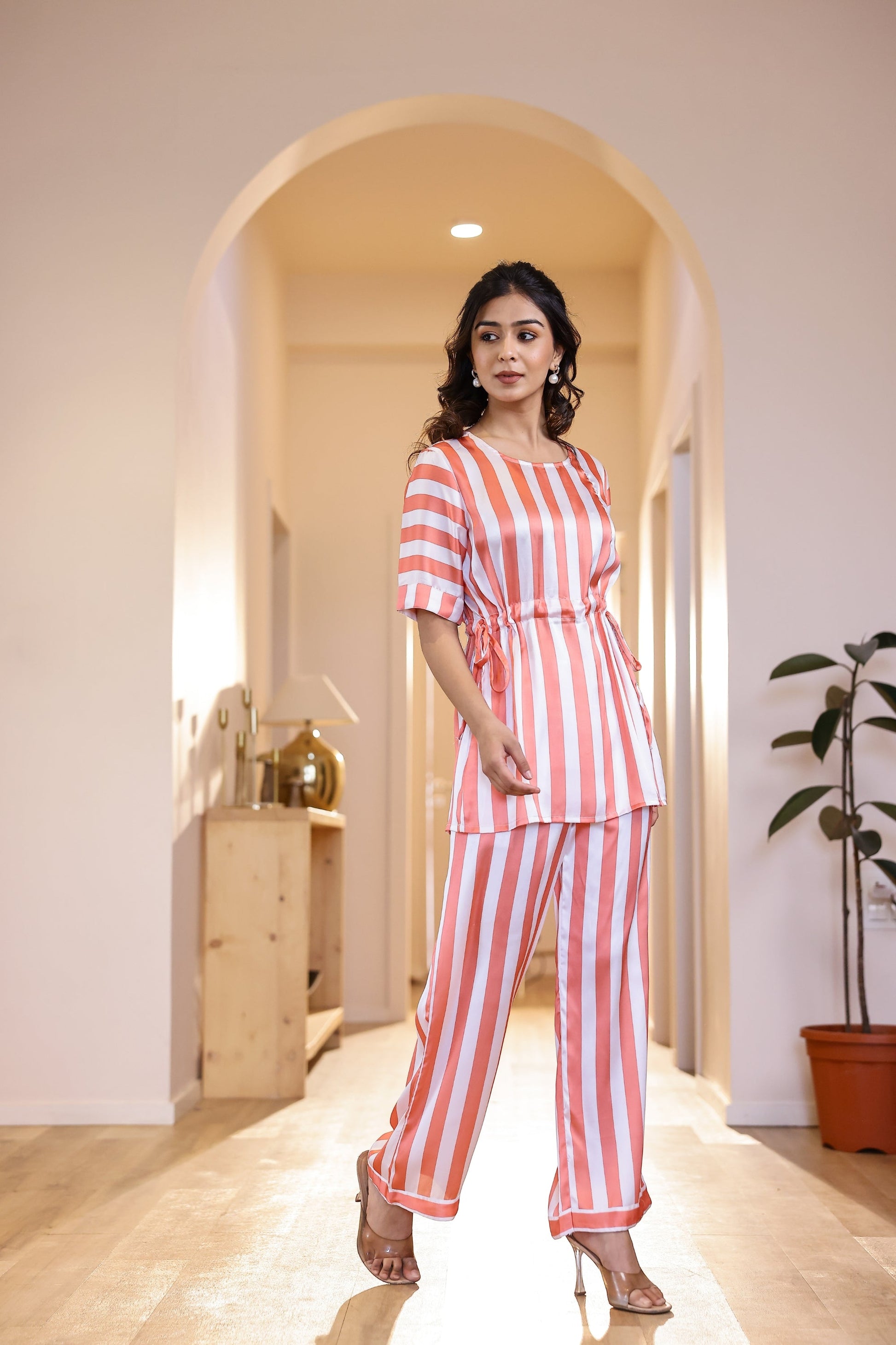 Coral Stripe Satin Pajama Set - Modern & Stylish Nightwear | Co-Ord Set | Shop stylish women's clothing online at Label Flavia |