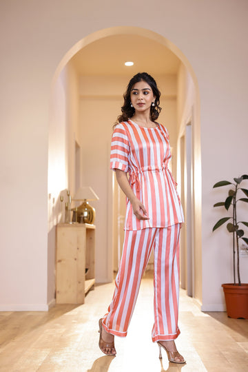 Coral Stripe Satin Pajama Set - Modern & Stylish Nightwear | Co-Ord Set | Shop stylish women's clothing online at Label Flavia |