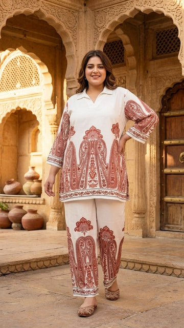 Plus Size Off-White Cotton Printed Co-ord Set with Ethnic Motif Design | Elegant Casual Co-ords for Women