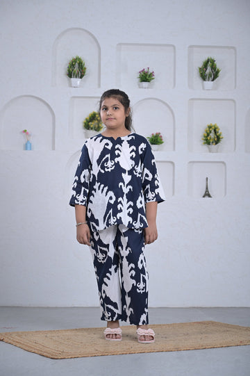 Navy Ikat Print Girl’s Co-ord Set – Blue & White