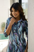 Ocean Waves Print Satin Pajama Set - Calm & Chic Nightwear | Co-Ord Set | Shop stylish women's clothing online at Label Flavia |