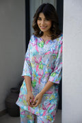 Delicate Pastel Watercolor Floral Satin Pajama Set - Elegant Nightwear | Co-Ord Set | Shop stylish women's clothing online at Label Flavia |
