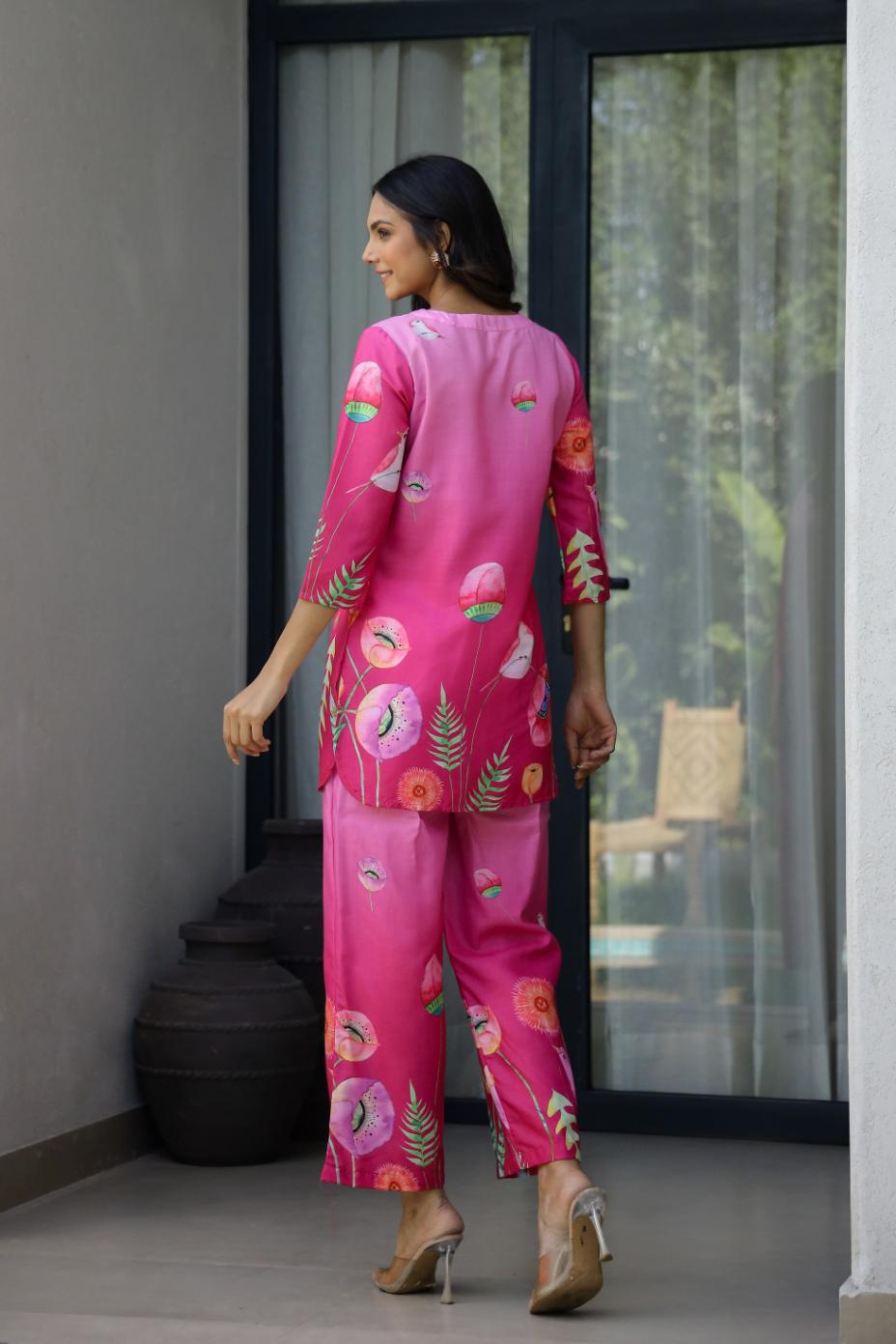 Pink Floral Digital Print Cotton Co-ord Set - Top & Trousers | Co-Ord Set | Shop stylish women's clothing online at Label Flavia |