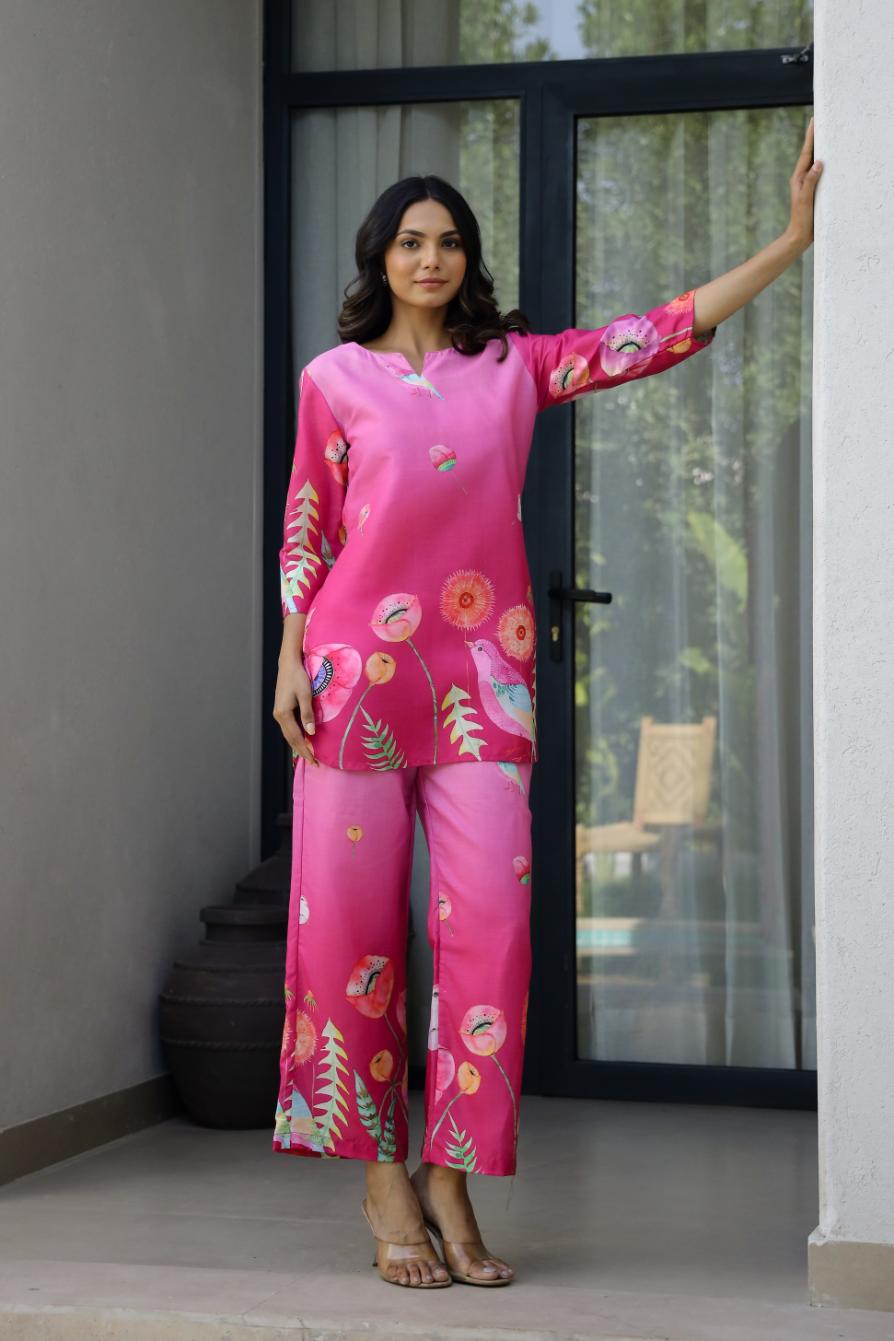 Pink Floral Digital Print Cotton Co-ord Set - Top & Trousers | Co-Ord Set | Shop stylish women's clothing online at Label Flavia |
