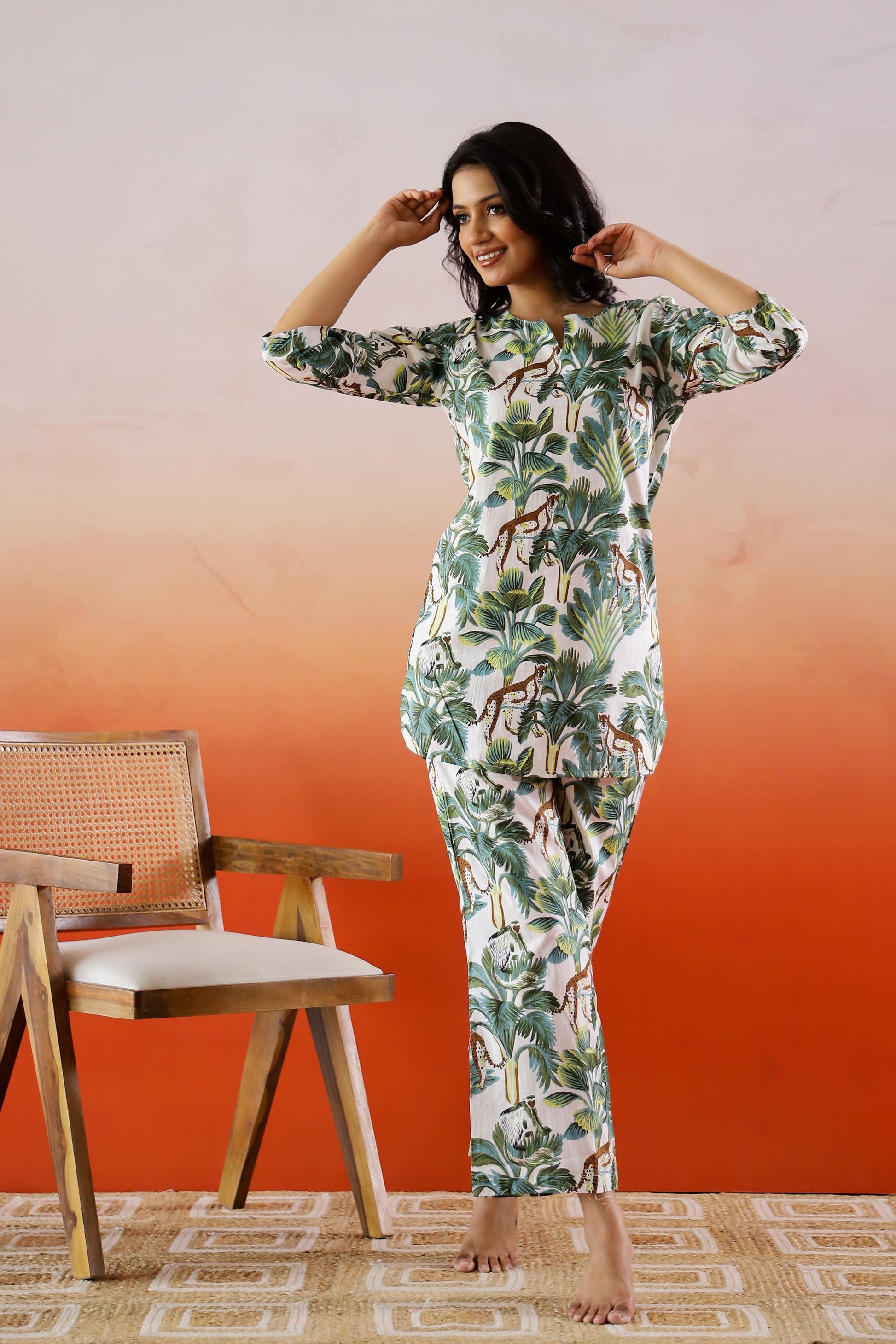 Green Tropical Printed Cotton Co-ord Set - Jungle Style | Co-Ord Set | Shop stylish women's clothing online at Label Flavia |