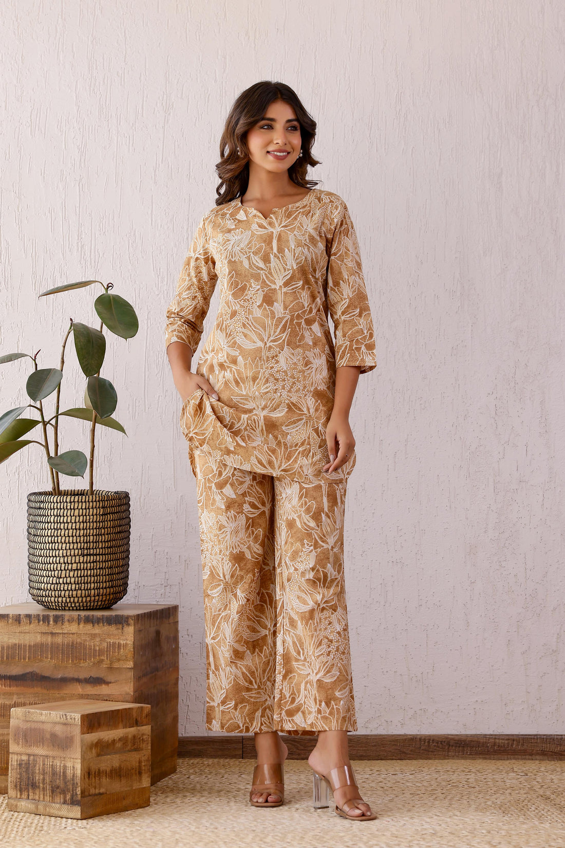 Brown Julee Cotton Printed Co-ord Set | Co-Ord Set | Shop stylish women's clothing online at Label Flavia |