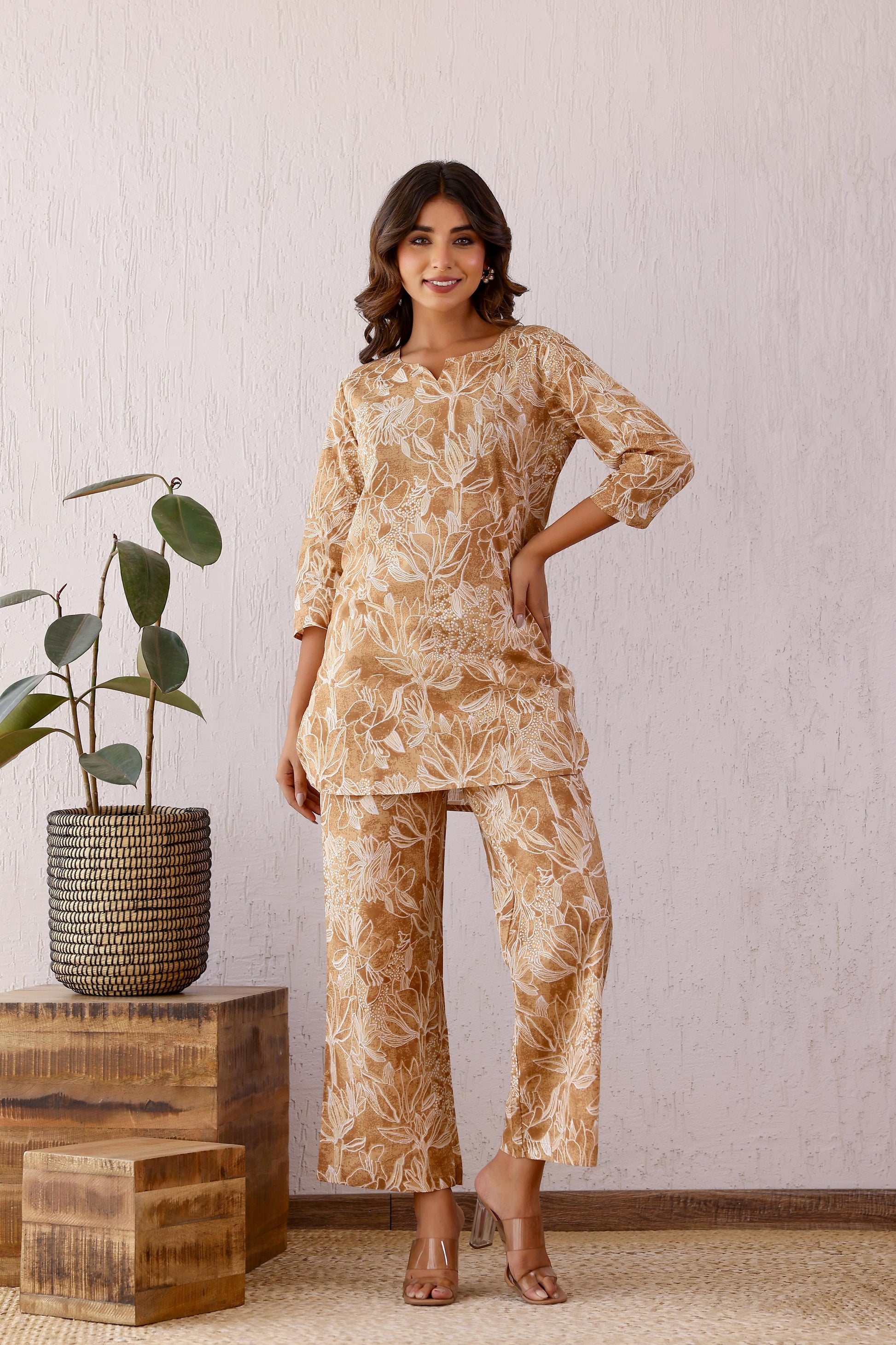 Brown Julee Cotton Printed Co-ord Set | Co-Ord Set | Shop stylish women's clothing online at Label Flavia |