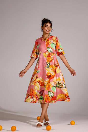 Pink Leaf Cotton Dress | | Shop stylish women's clothing online at Label Flavia |